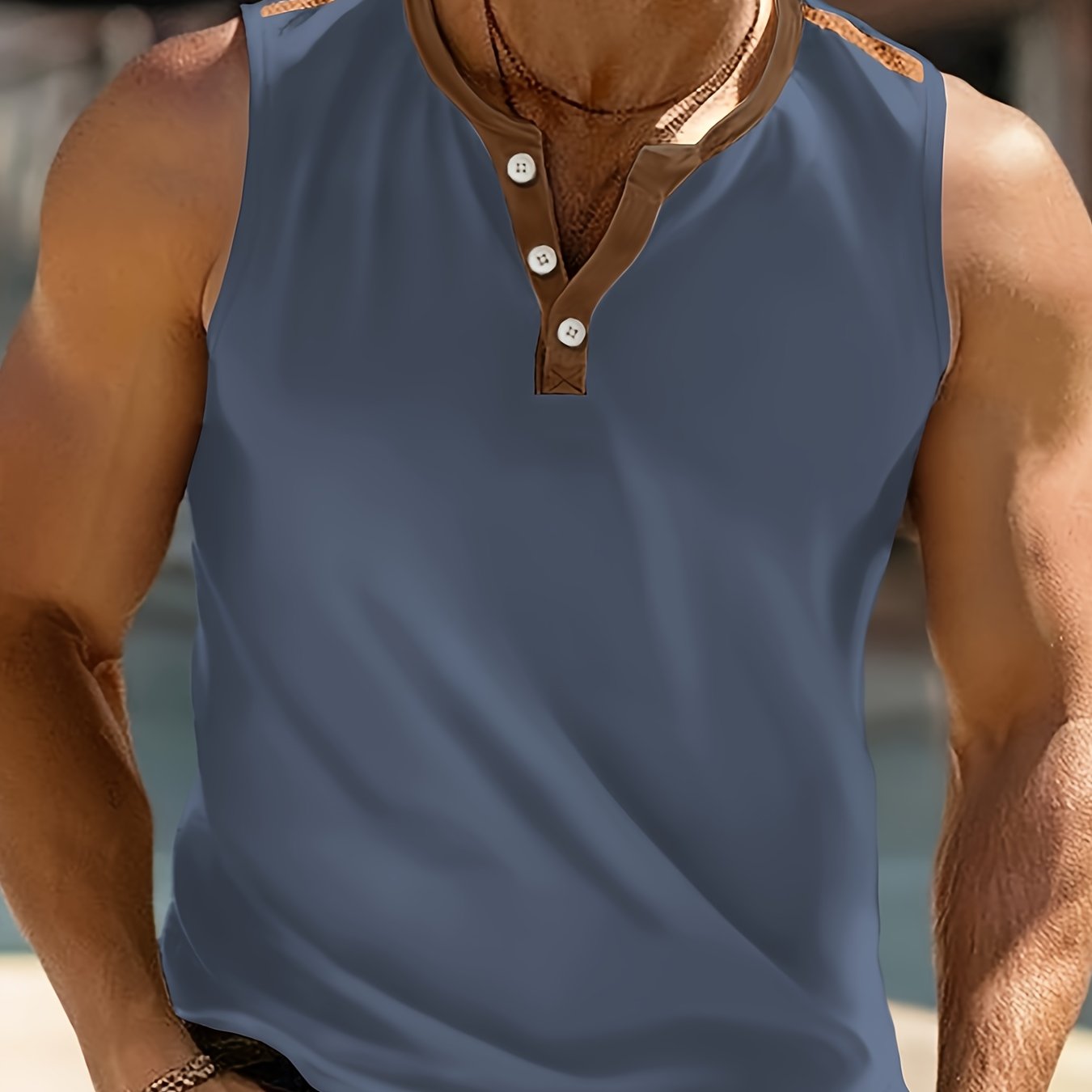 Débardeur homme blanc et marron sans manches, col rond, tissu léger pour l’été