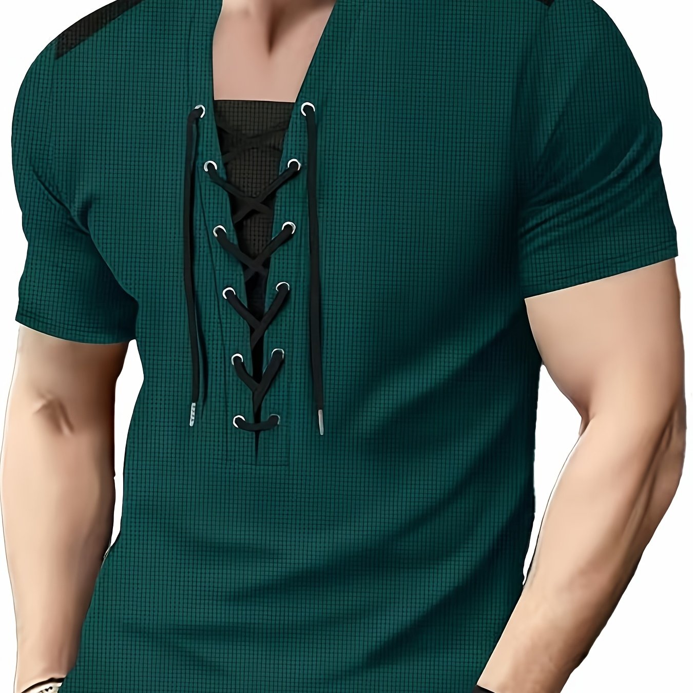 T-shirt homme maroon et noir en maille nid d’abeille, col rond, respirant, cordon décoratif