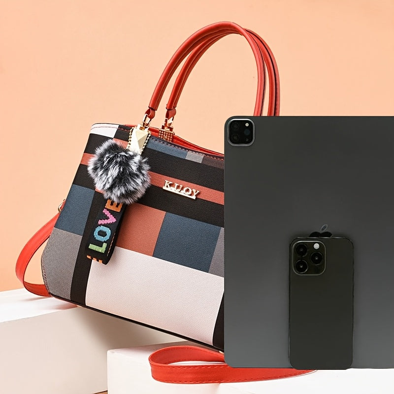 Sac à main noir à carreaux colorés avec bandoulière amovible et fermeture zippée

