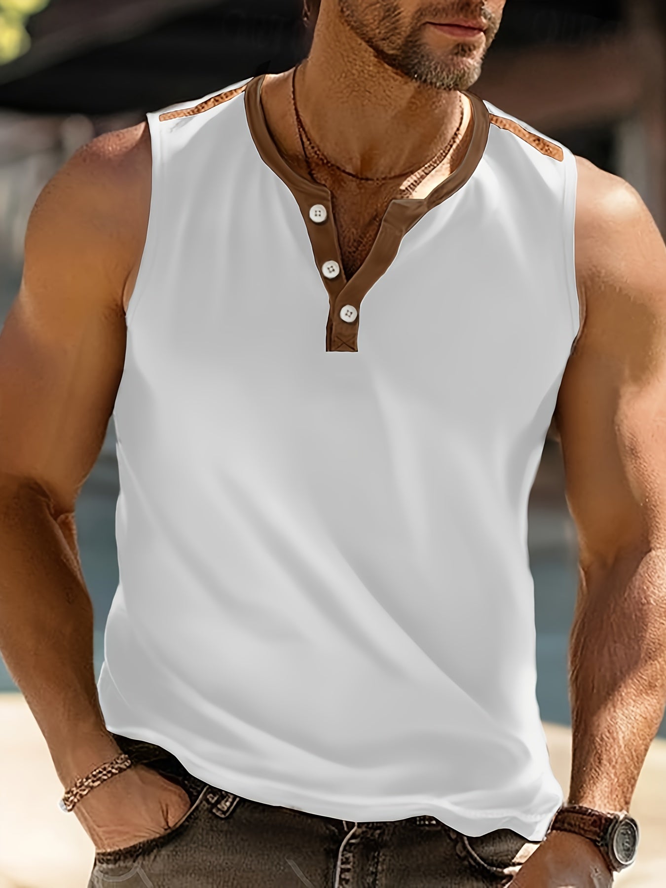 Débardeur homme blanc et marron sans manches, col rond, tissu léger pour l’été

