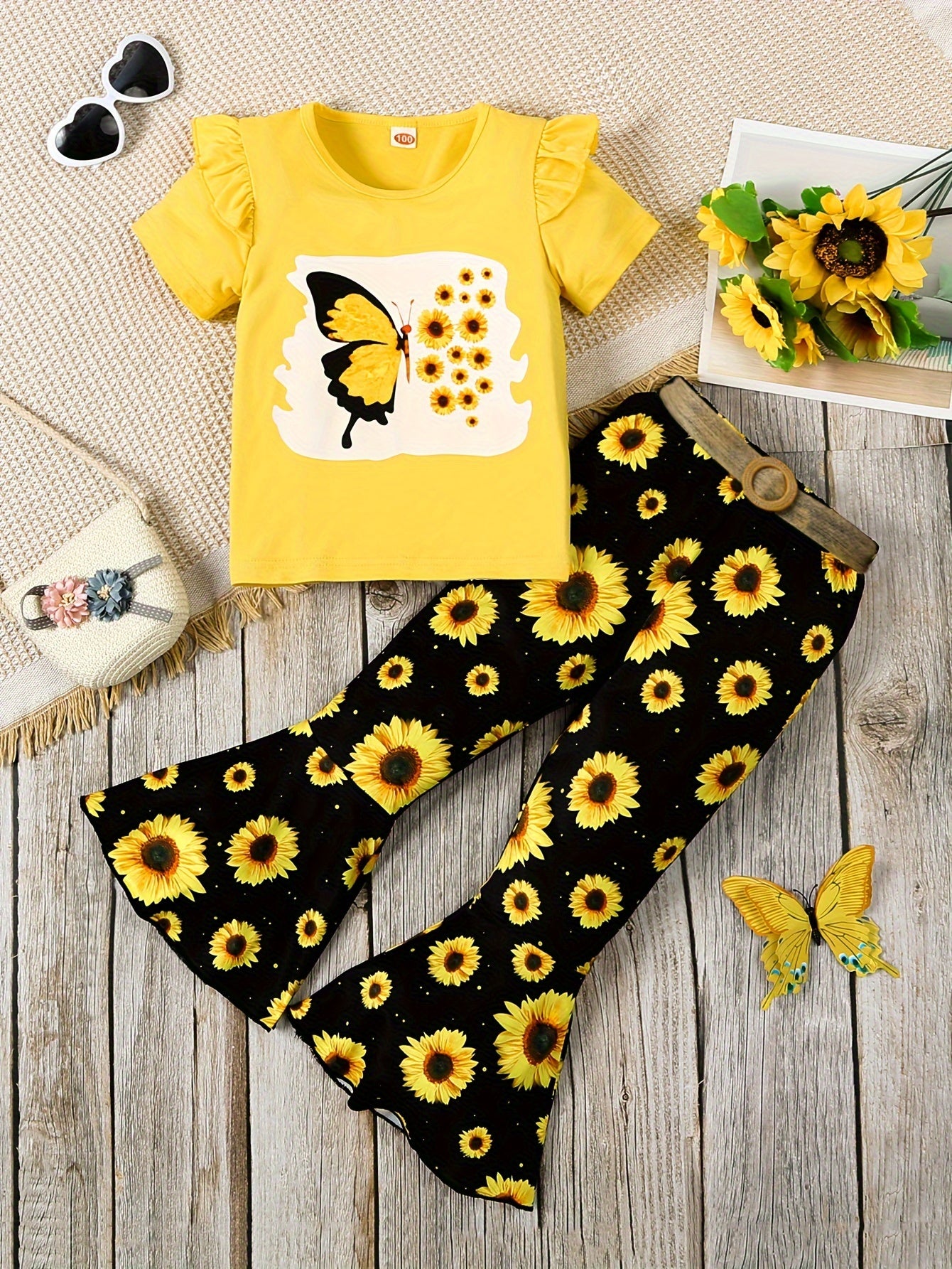 Lot de 3 pantalons fille avec imprimés lettres et fleurs, bordure volantée et accessoires ceinture

