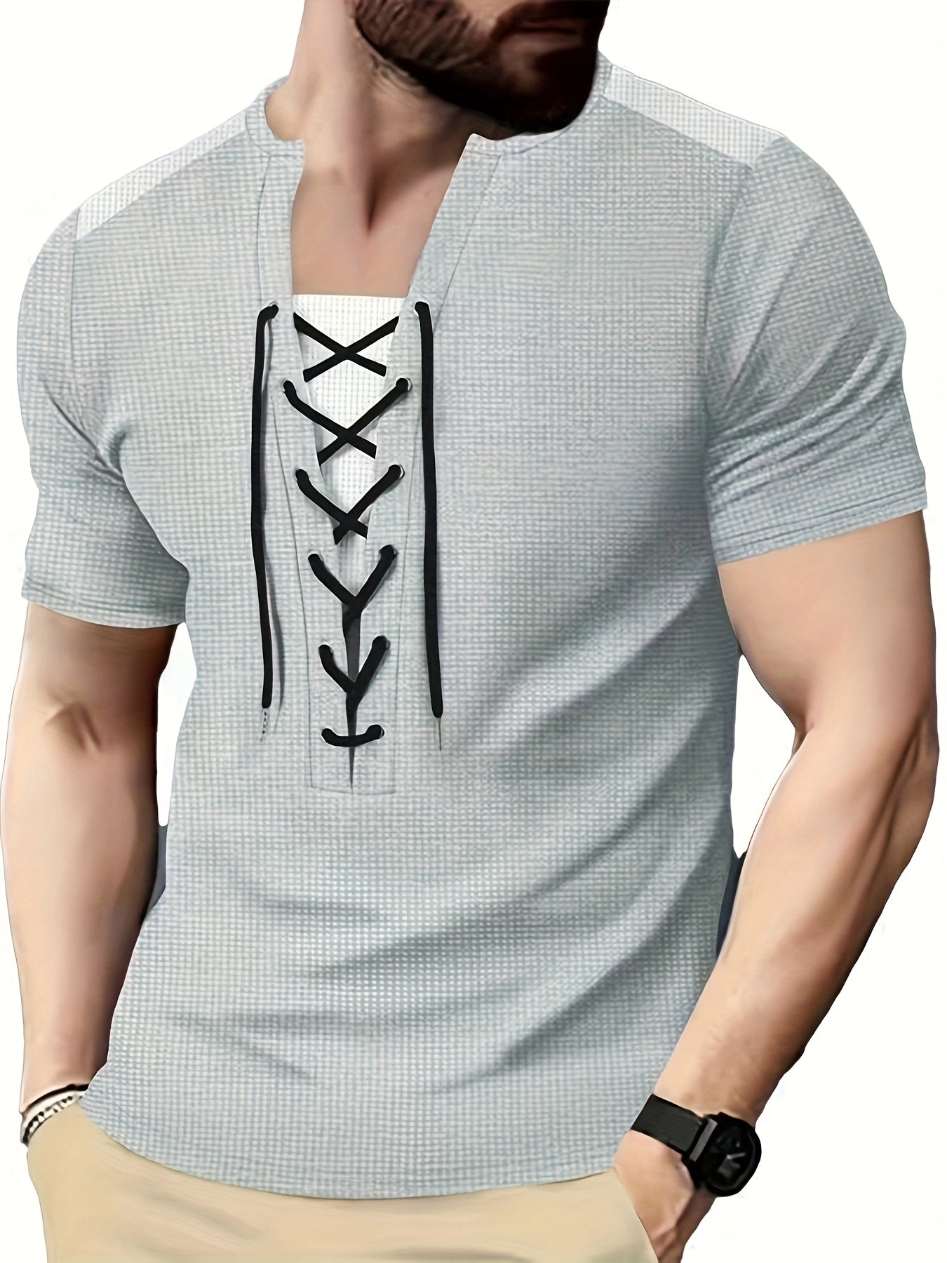 T-shirt homme maroon et noir en maille nid d’abeille, col rond, respirant, cordon décoratif