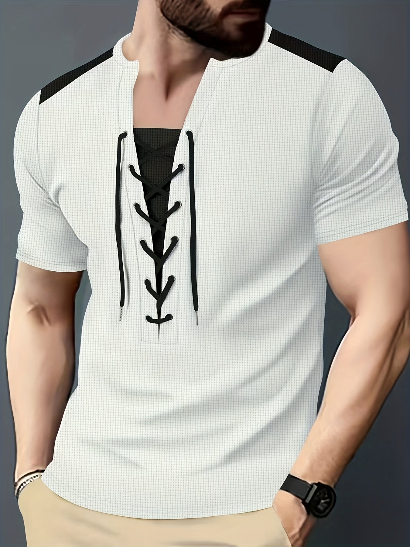 T-shirt homme maroon et noir en maille nid d’abeille, col rond, respirant, cordon décoratif