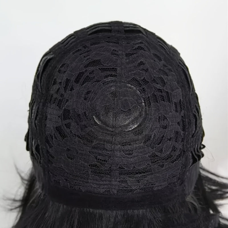 Perruque courte brune bouclée pour femme avec bonnet rose et look naturel