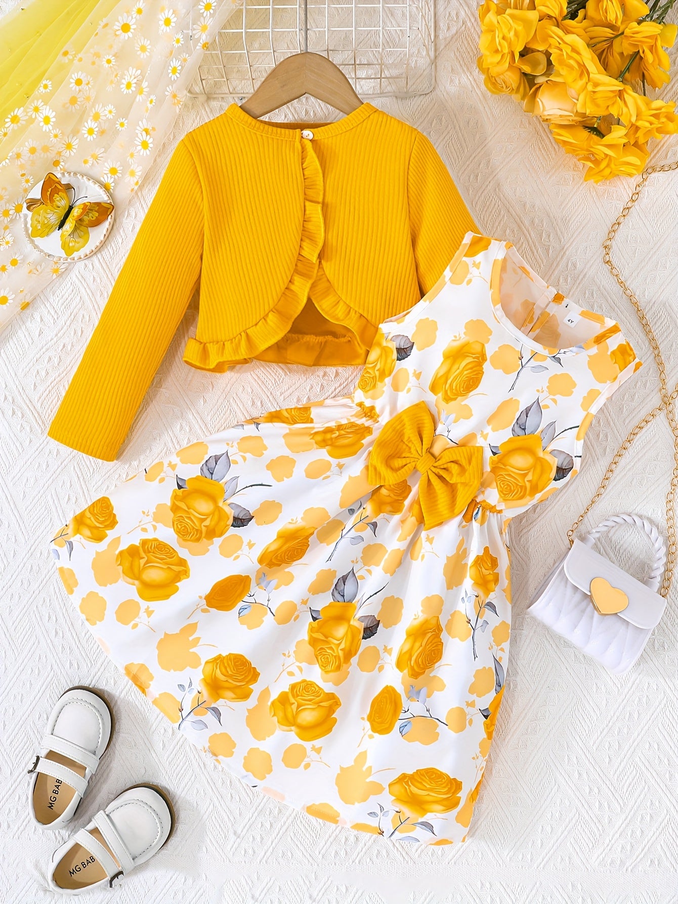 Robe fleurie pour fille avec cardigan uni à manches longues, parfaite pour la mi-saison