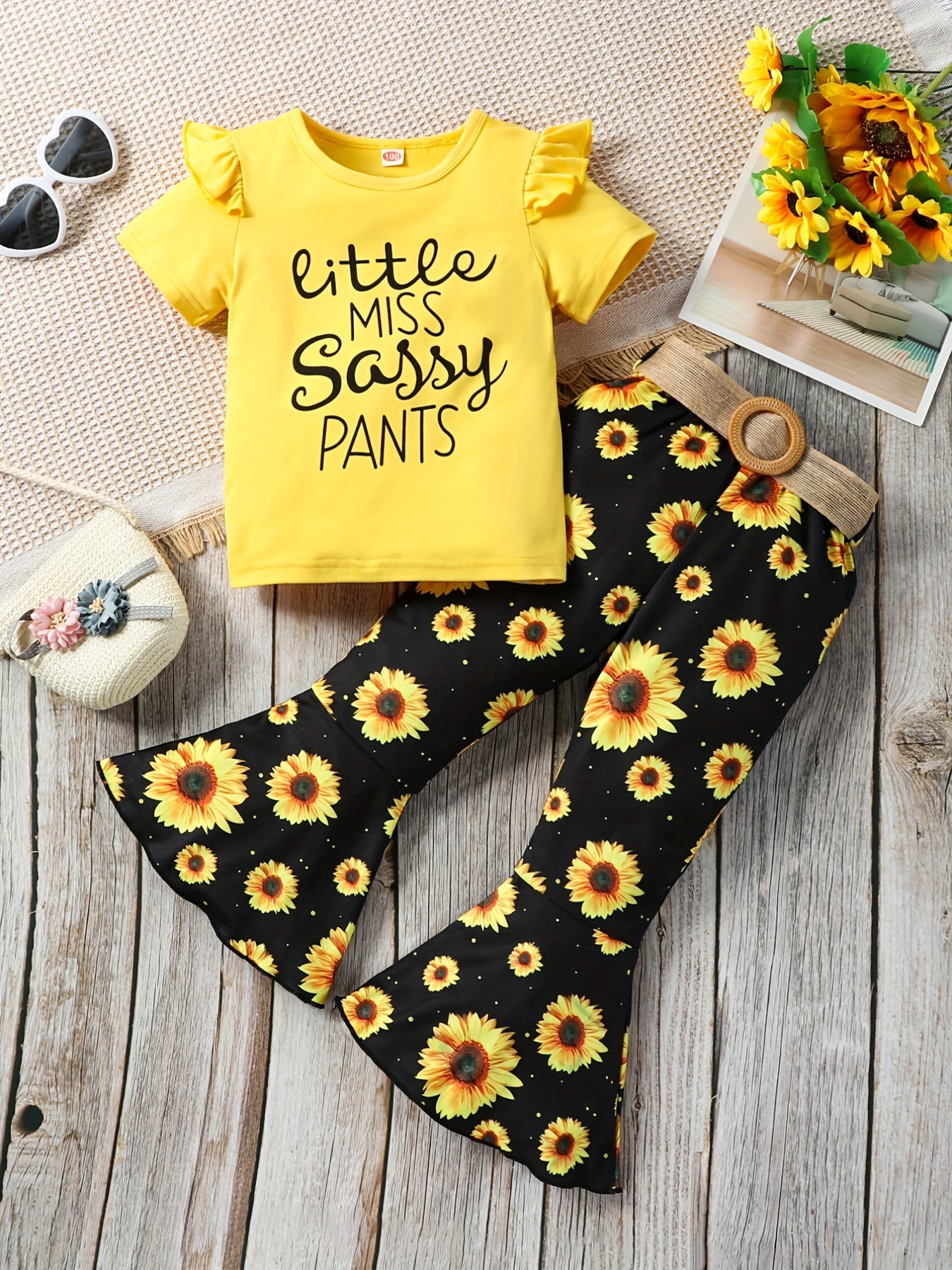 Lot de 3 pantalons fille avec imprimés lettres et fleurs, bordure volantée et accessoires ceinture

