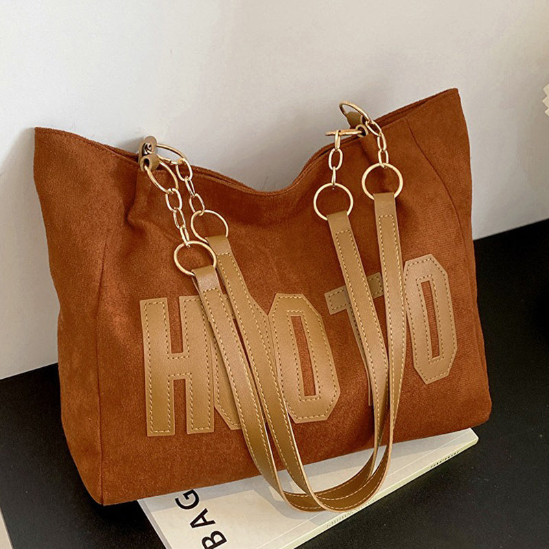 Grand sac à bandoulière femme en tissu peluche avec imprimé lettres, disponible en lot de 1 ou 2