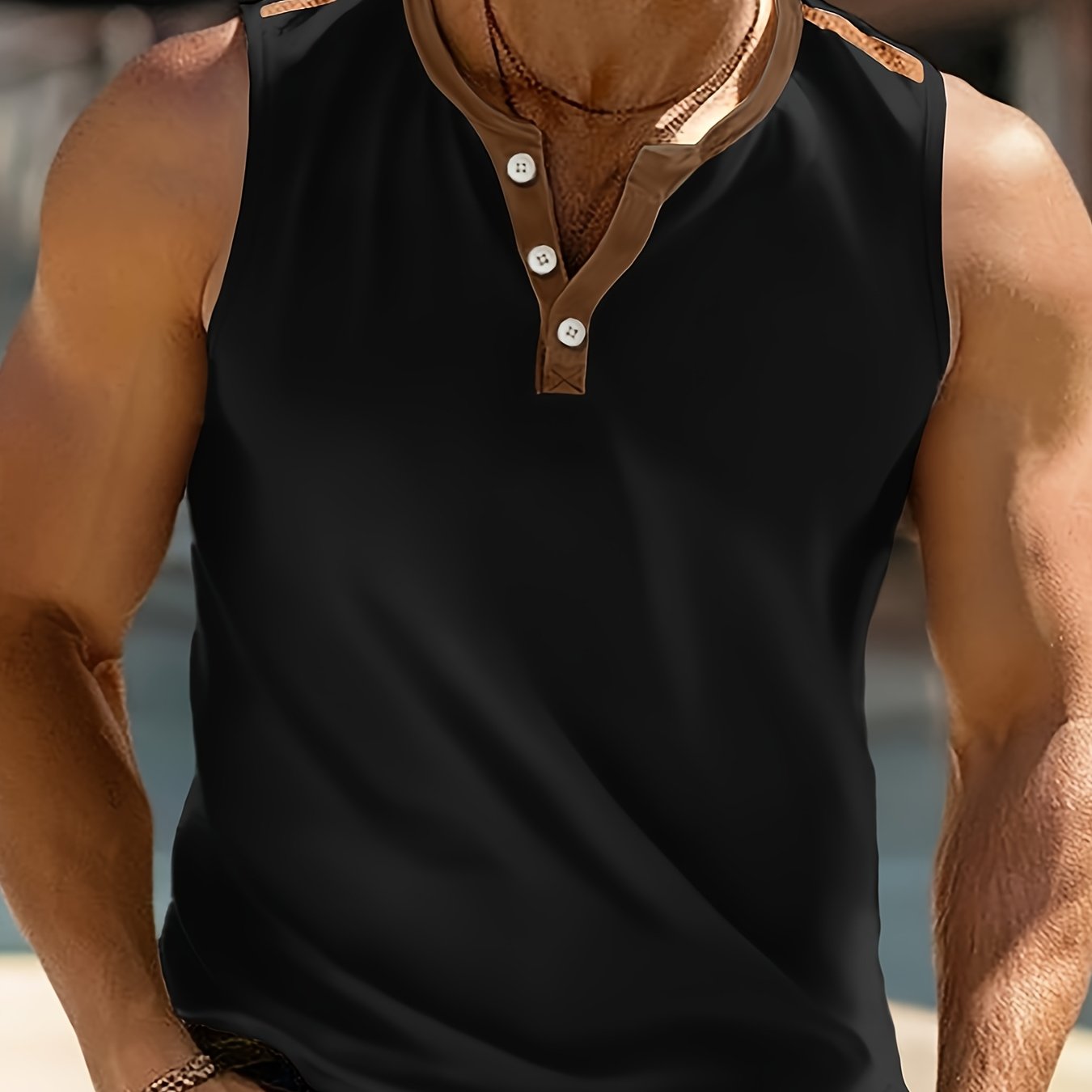 Débardeur homme blanc et marron sans manches, col rond, tissu léger pour l’été

