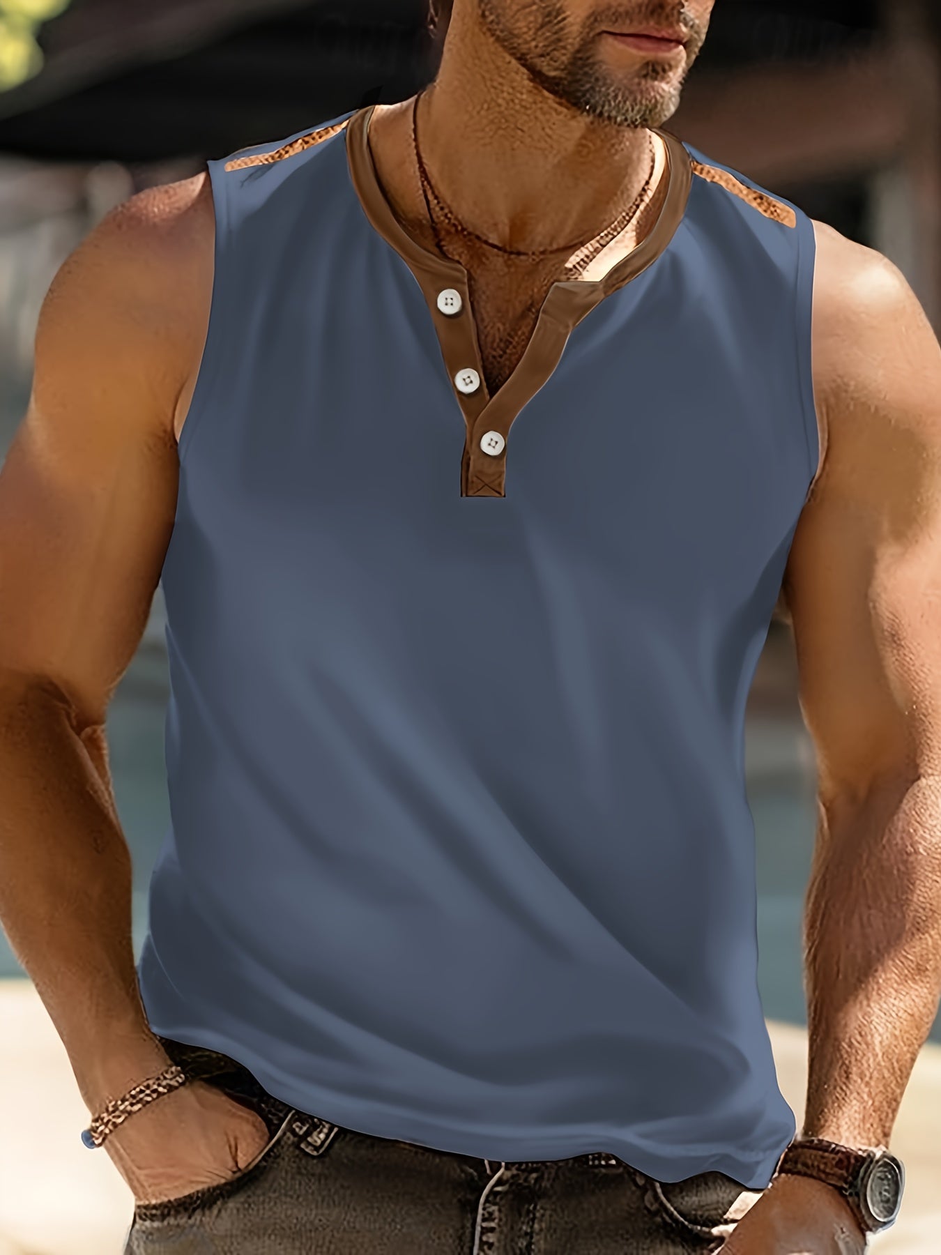 Débardeur homme blanc et marron sans manches, col rond, tissu léger pour l’été

