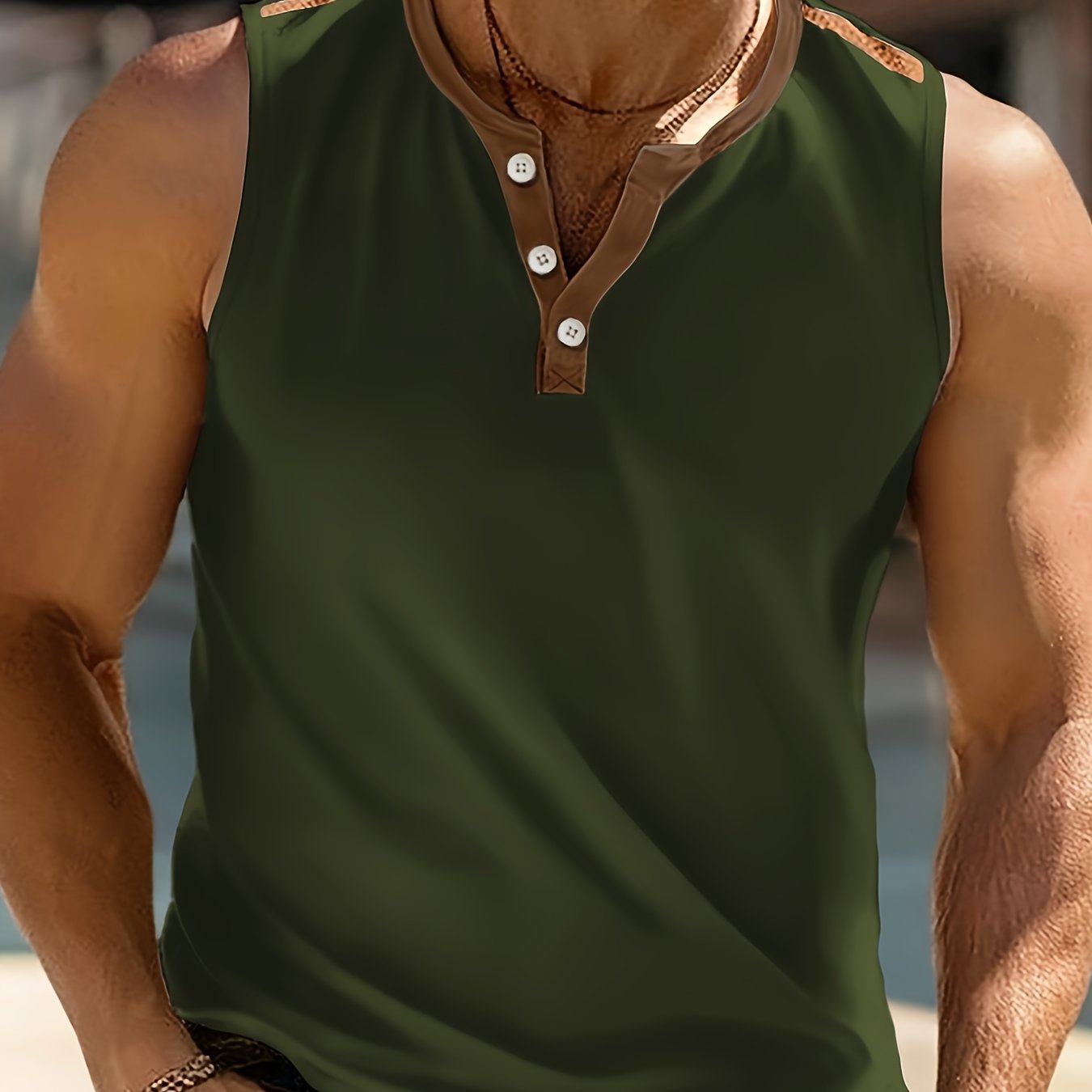 Débardeur homme blanc et marron sans manches, col rond, tissu léger pour l’été

