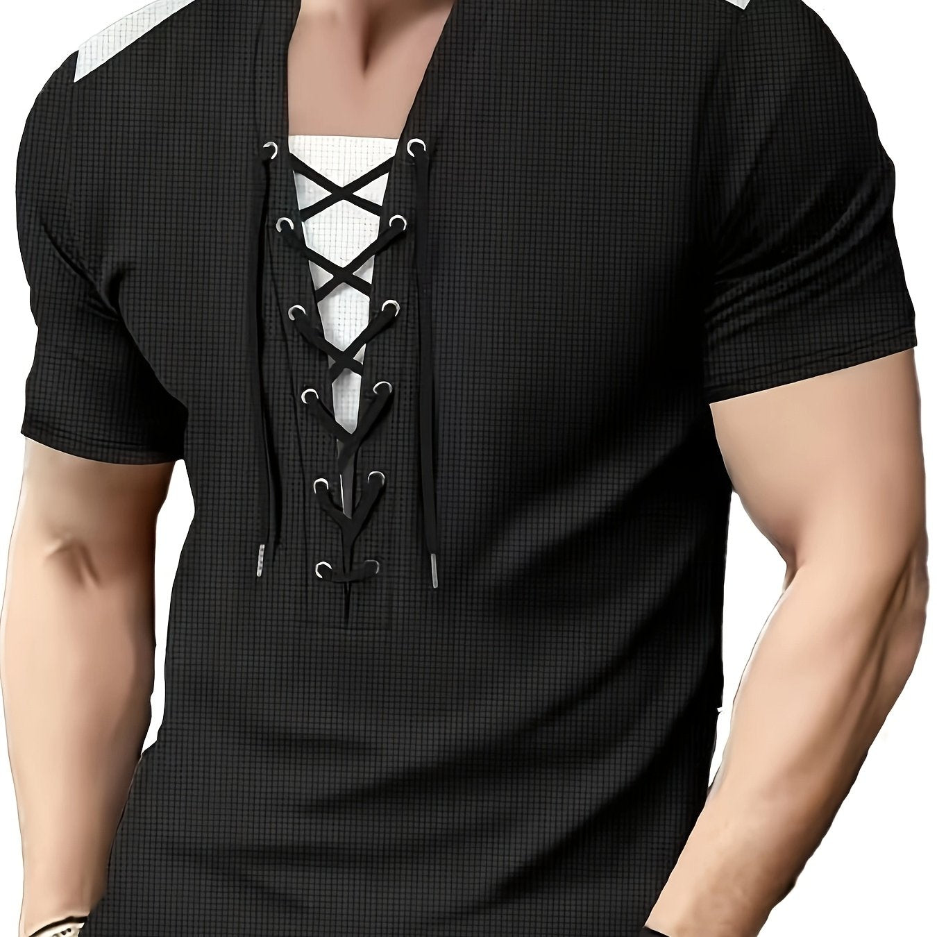 T-shirt homme maroon et noir en maille nid d’abeille, col rond, respirant, cordon décoratif