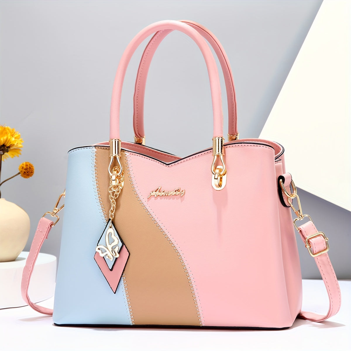 Sac à main femme grande capacité avec design patchwork chic, porté épaule ou bandoulière