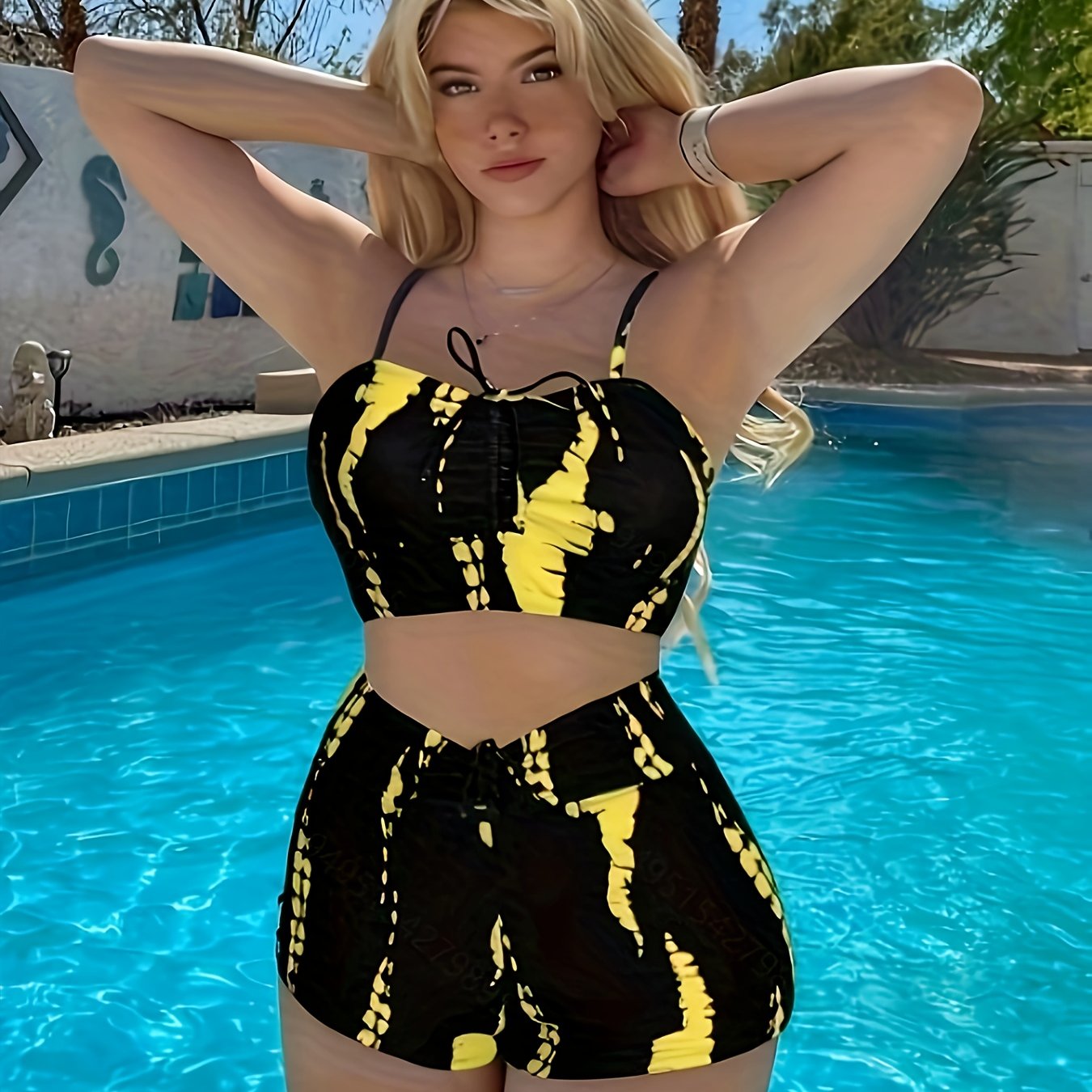 Bikini femme deux pièces imprimé – taille haute, bretelles réglables et tissu extensible pour un look estival flatteur