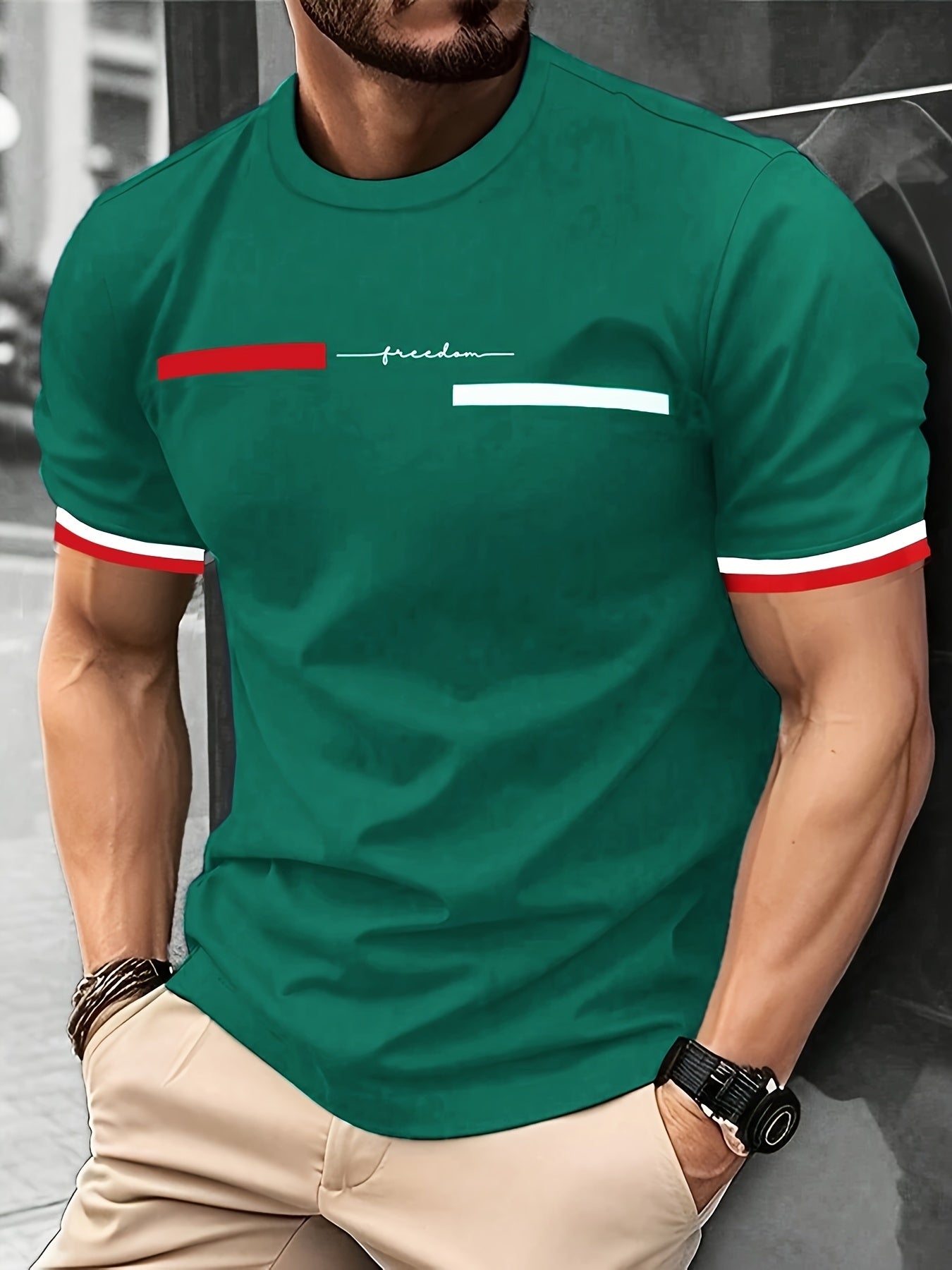 T-shirt homme A878 avec imprimé lettre et rayures aux manches