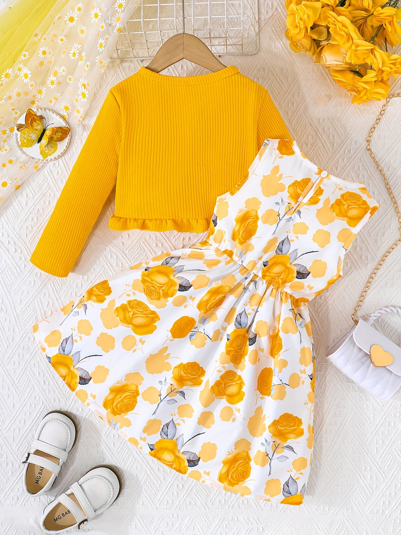 Robe fleurie pour fille avec cardigan uni à manches longues, parfaite pour la mi-saison