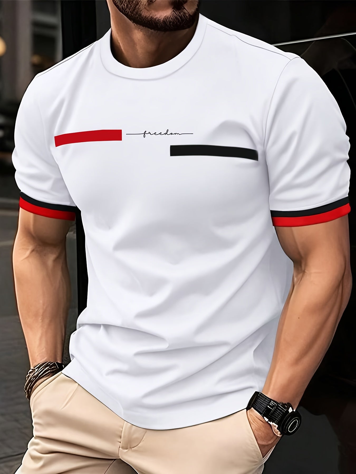 T-shirt homme A878 avec imprimé lettre et rayures aux manches