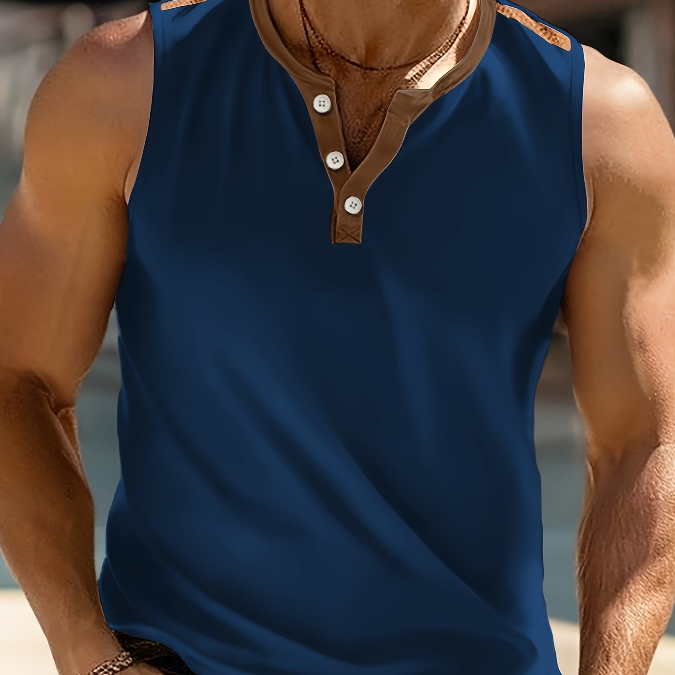 Débardeur homme blanc et marron sans manches, col rond, tissu léger pour l’été

