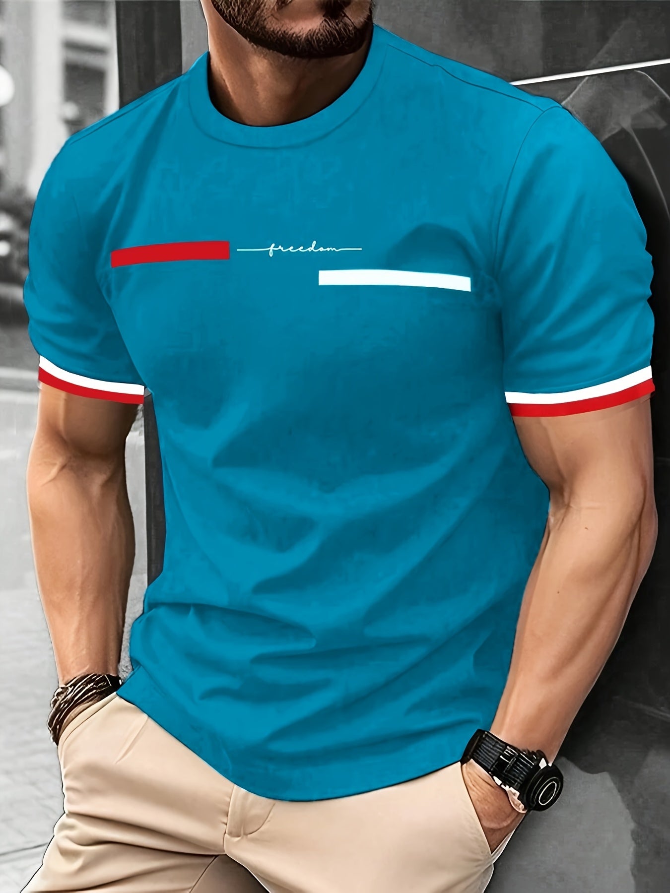 T-shirt homme A878 avec imprimé lettre et rayures aux manches