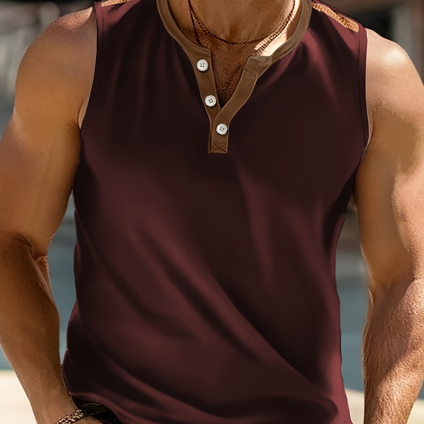 Débardeur homme blanc et marron sans manches, col rond, tissu léger pour l’été

