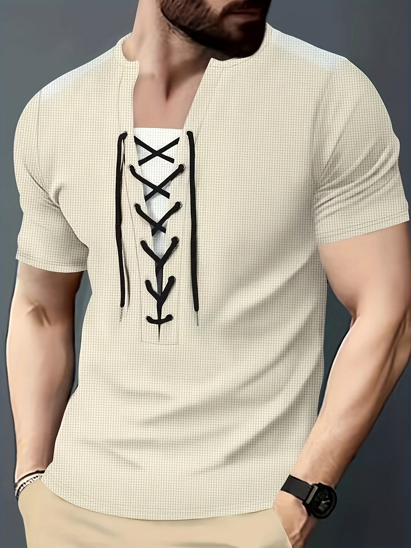 T-shirt homme maroon et noir en maille nid d’abeille, col rond, respirant, cordon décoratif