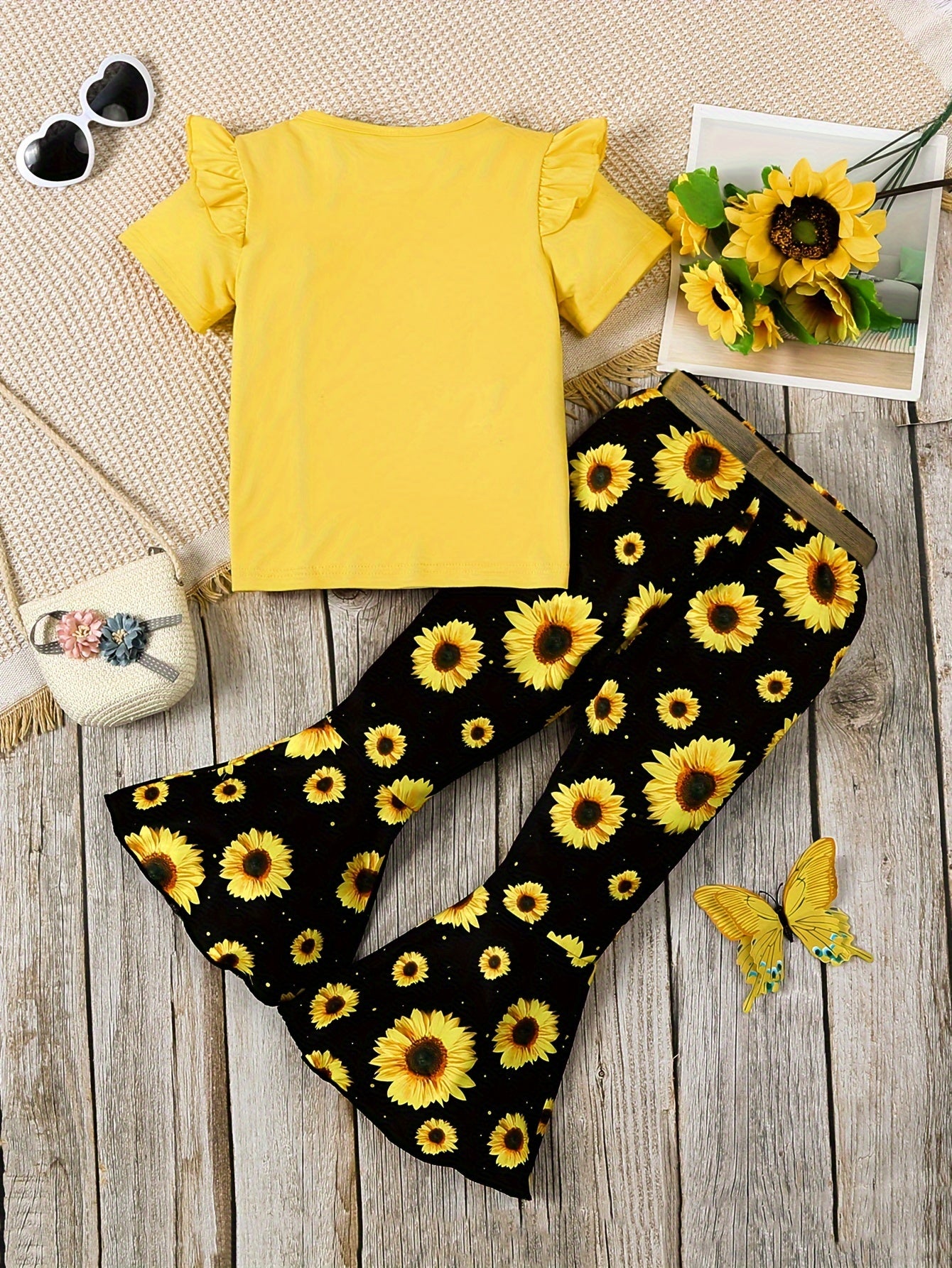 Lot de 3 pantalons fille avec imprimés lettres et fleurs, bordure volantée et accessoires ceinture

