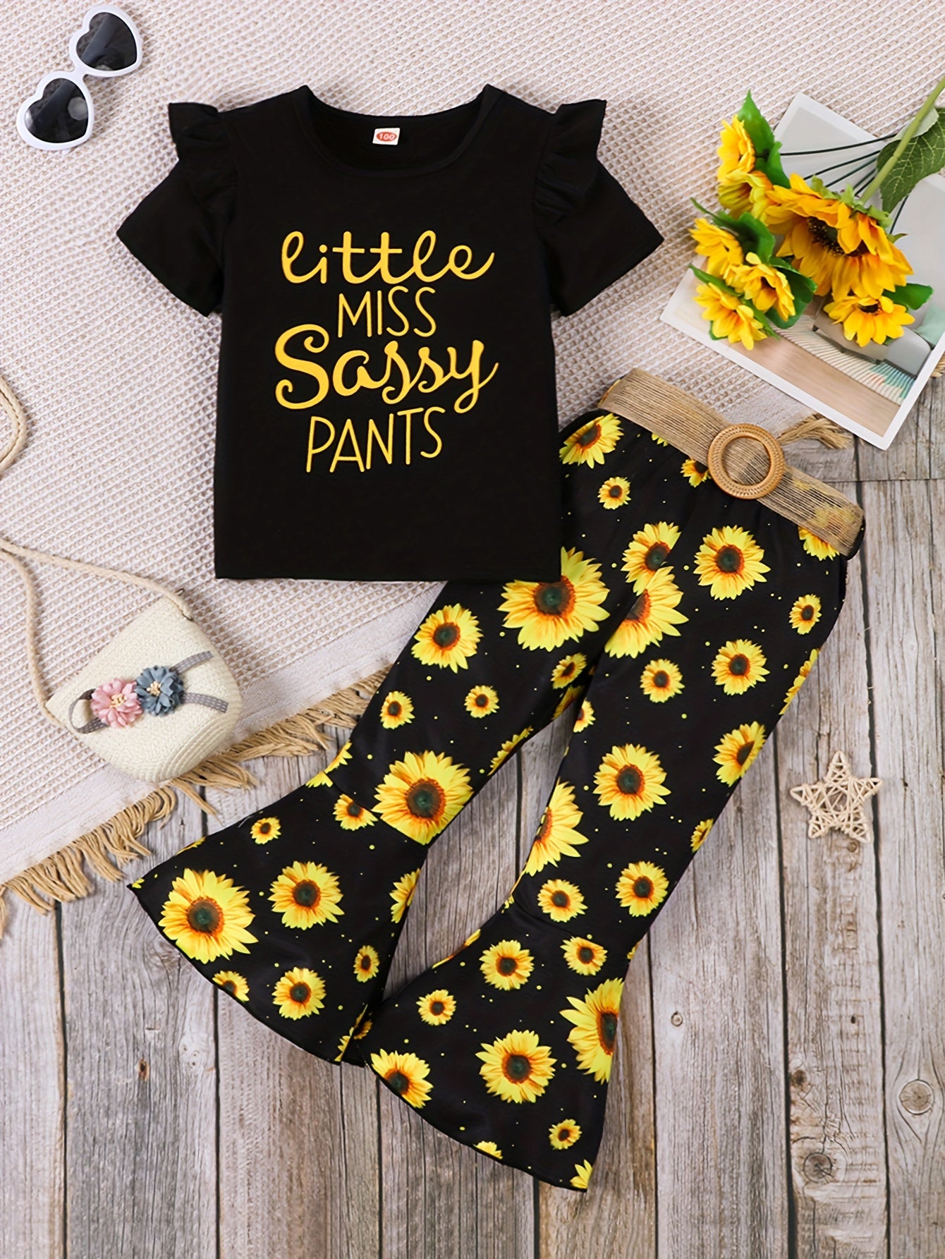 Lot de 3 pantalons fille avec imprimés lettres et fleurs, bordure volantée et accessoires ceinture

