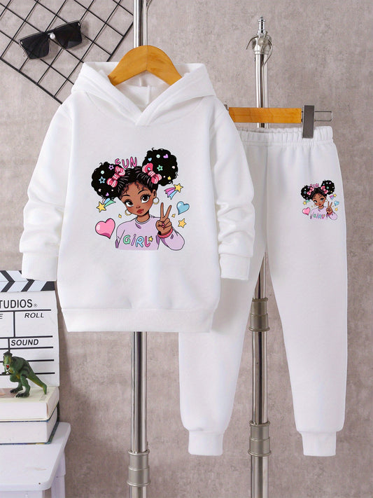 Ensemble fille avec hoodie confortable et pantalon imprimé coloré pour usage extérieur

