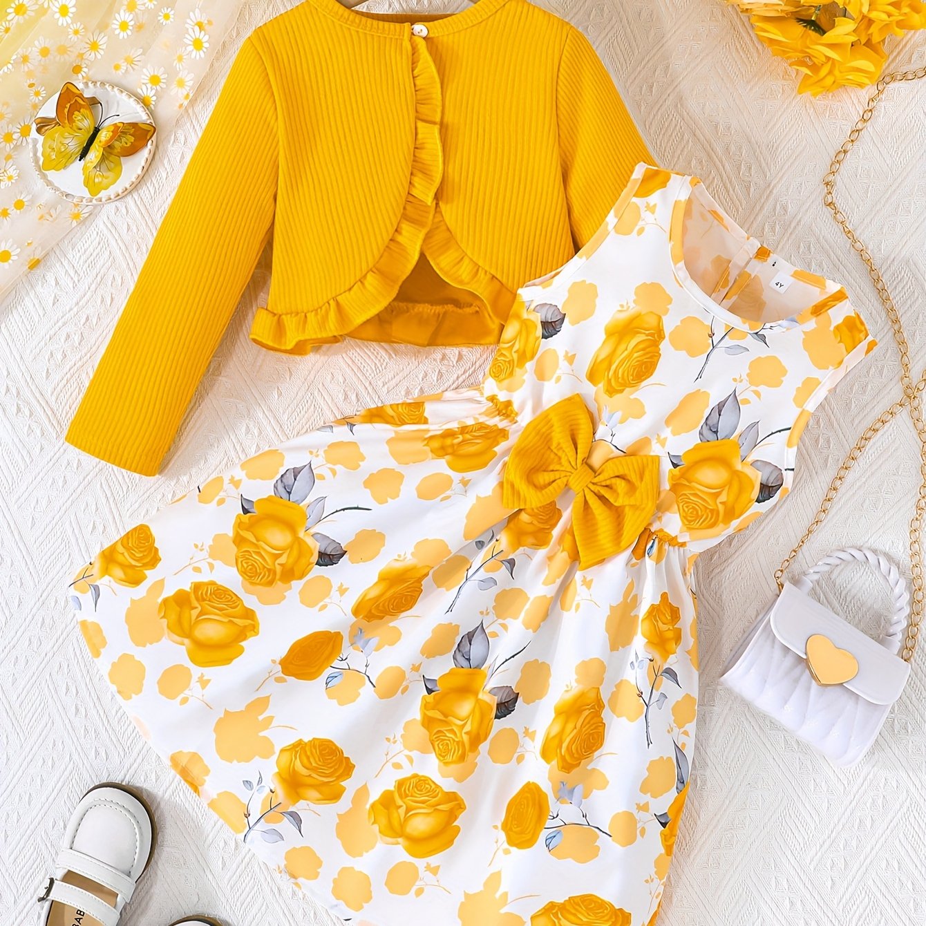 Robe fleurie pour fille avec cardigan uni à manches longues, parfaite pour la mi-saison
