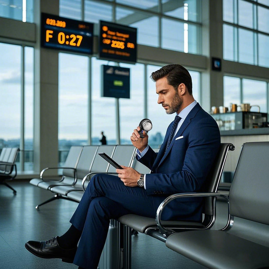 Homme utilisant un rasoir compact en déplacement