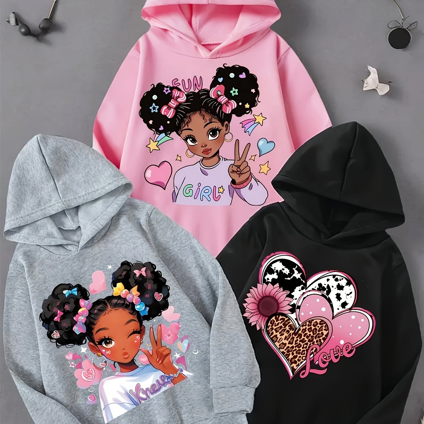 Lot de 3 sweatshirts fille à capuche avec imprimés cartoon, manches longues, tissu doux extensible