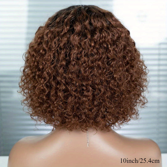 Perruque courte pixie bouclée brune en cheveux humains avec frange