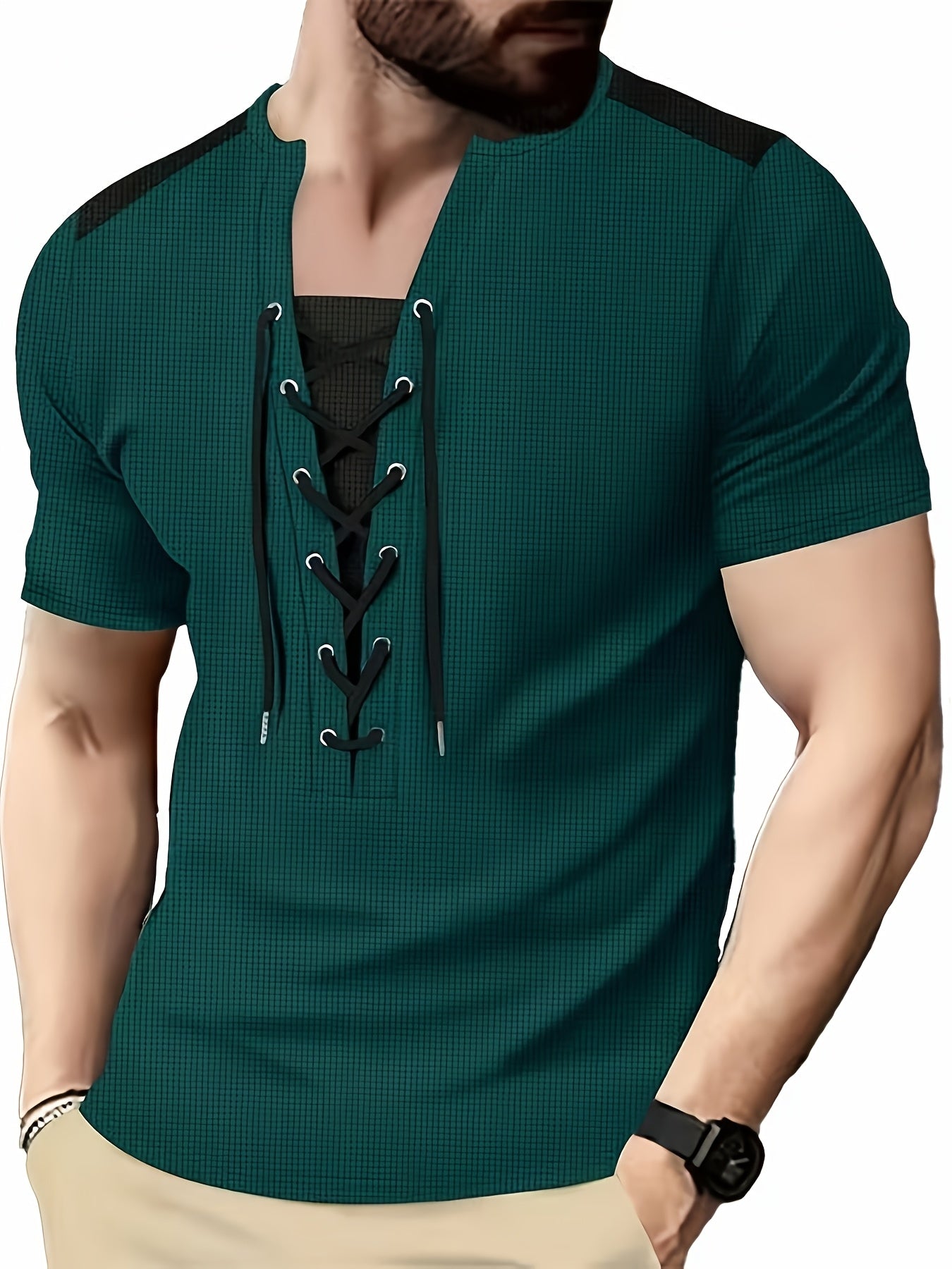 T-shirt homme maroon et noir en maille nid d’abeille, col rond, respirant, cordon décoratif