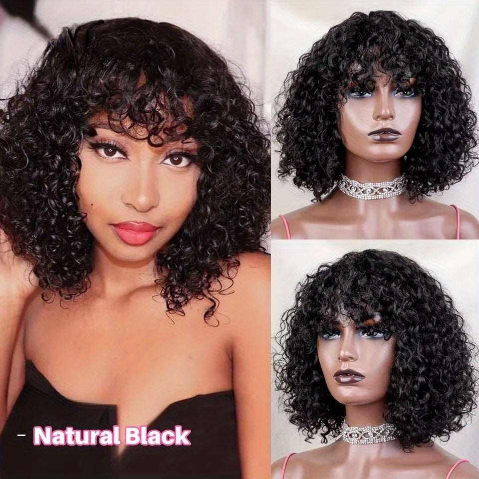 Perruque courte pixie bouclée brune en cheveux humains avec frange