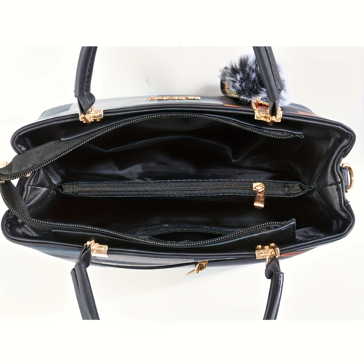 Sac à main noir à carreaux colorés avec bandoulière amovible et fermeture zippée

