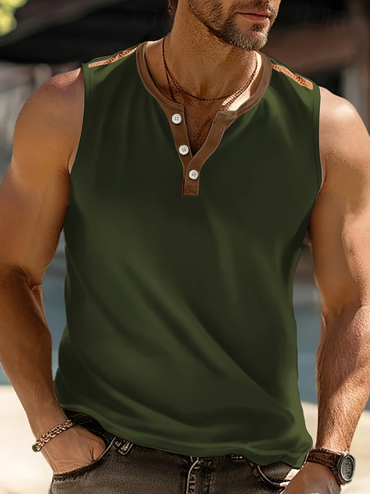 Débardeur homme blanc et marron sans manches, col rond, tissu léger pour l’été

