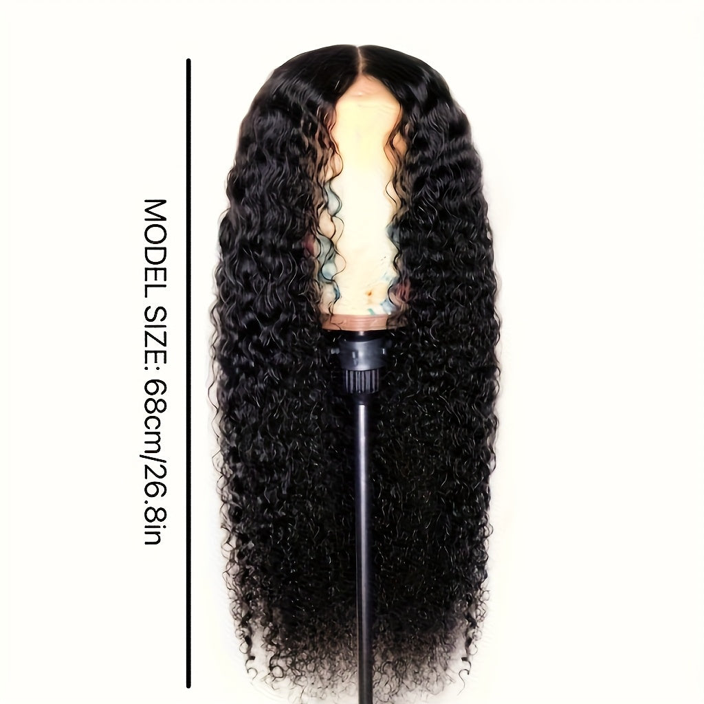 Perruque longue bouclée noire sans colle, 180 % densité, résistante à la chaleur

