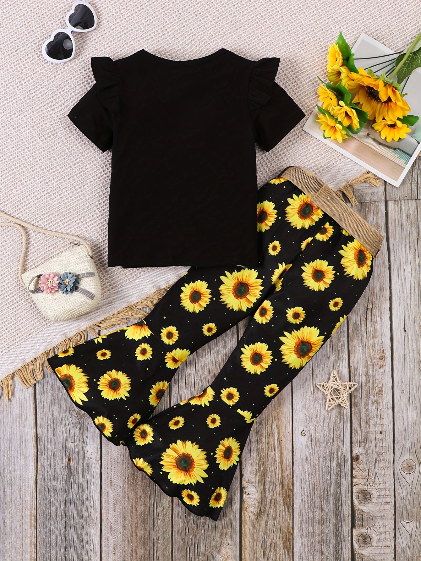 Lot de 3 pantalons fille avec imprimés lettres et fleurs, bordure volantée et accessoires ceinture

