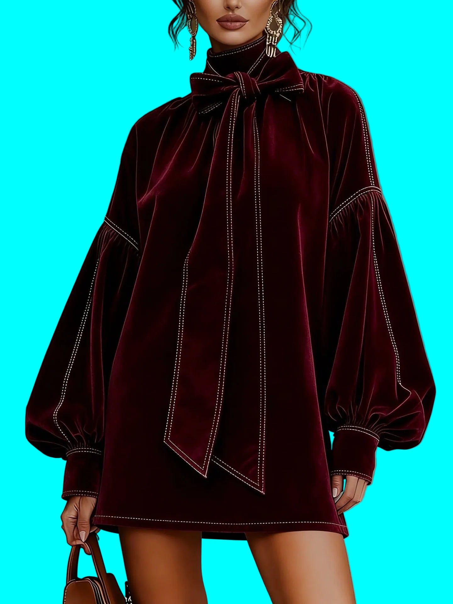 Robe Courte Décontractée à Manches Longues avec Nœud