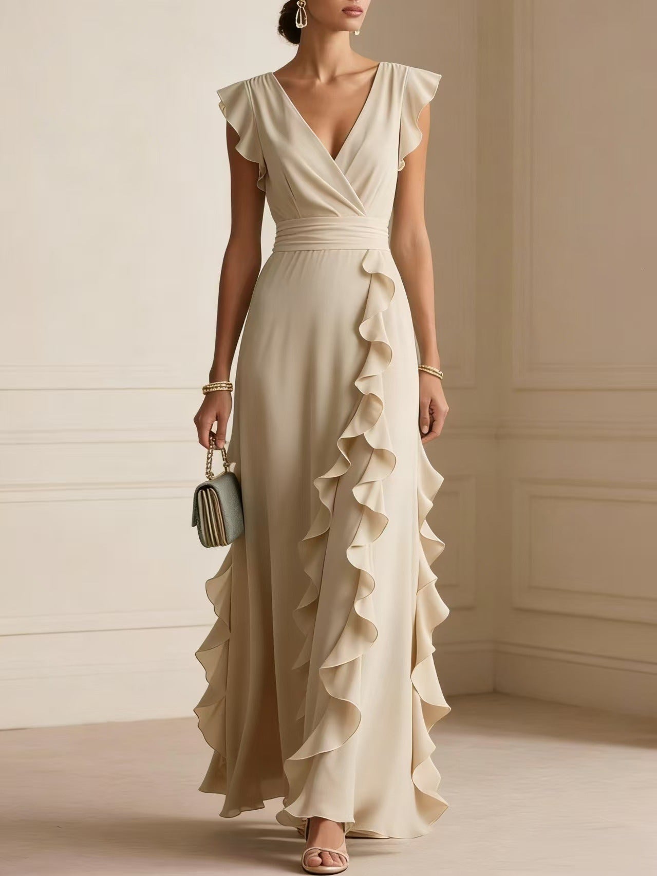 Robe Plissée Col V à Manches Courtes 