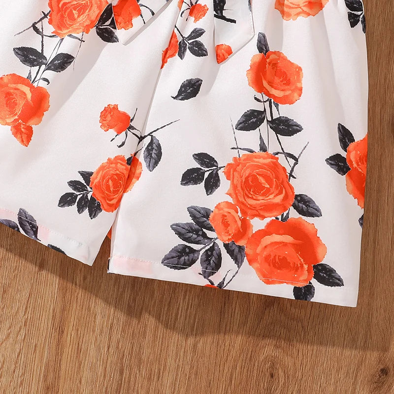 Ensemble d'Été 2 Pièces pour Filles - Crop Top Orange à Nœud et Short Imprimé Floral
