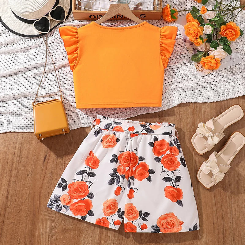 Ensemble d'Été 2 Pièces pour Filles - Crop Top Orange à Nœud et Short Imprimé Floral
