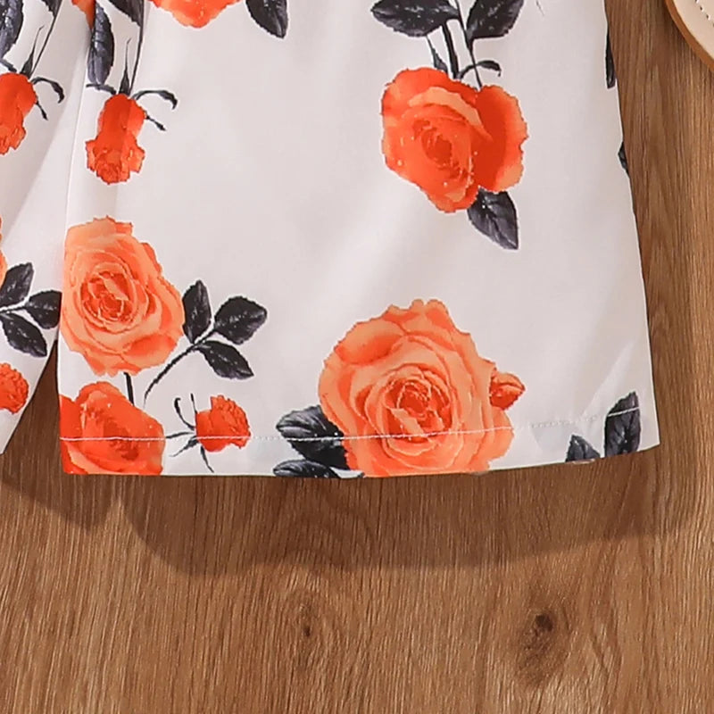 Ensemble d'Été 2 Pièces pour Filles - Crop Top Orange à Nœud et Short Imprimé Floral