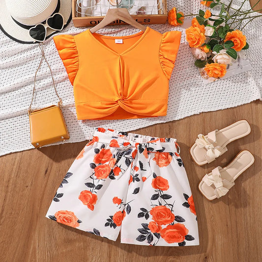 Ensemble d'Été 2 Pièces pour Filles - Crop Top Orange à Nœud et Short Imprimé Floral