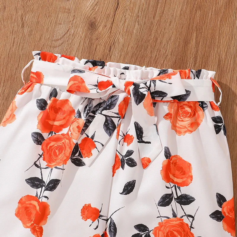 Ensemble d'Été 2 Pièces pour Filles - Crop Top Orange à Nœud et Short Imprimé Floral