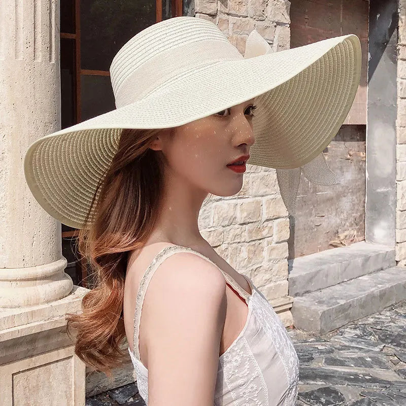Chapeau de paille d'été femme style coréen avec large bord, pliable et anti-UV

