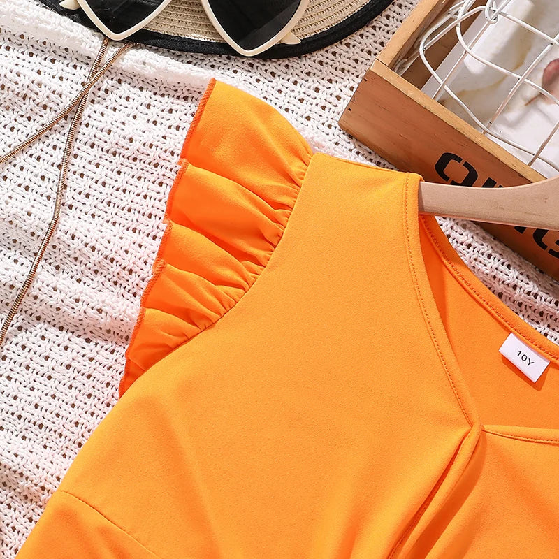 Ensemble d'Été 2 Pièces pour Filles - Crop Top Orange à Nœud et Short Imprimé Floral