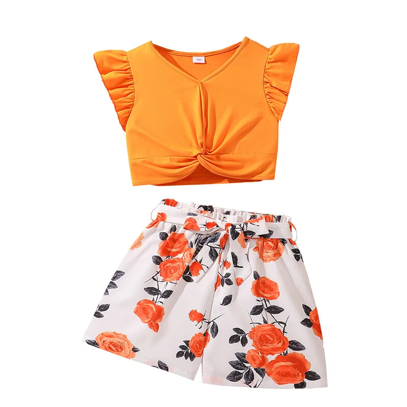 Ensemble d'Été 2 Pièces pour Filles - Crop Top Orange à Nœud et Short Imprimé Floral