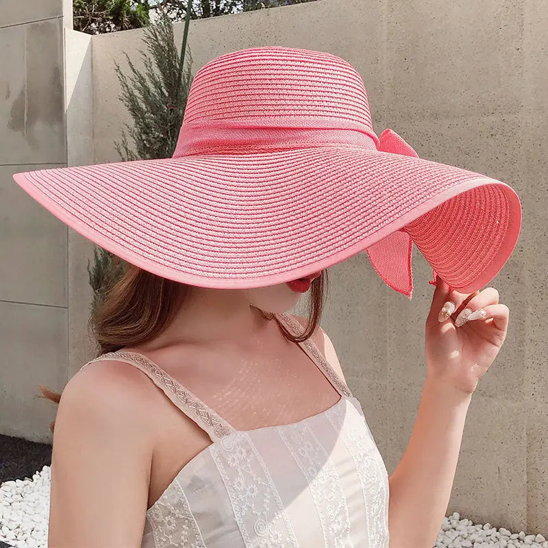 Chapeau de paille d'été femme style coréen avec large bord, pliable et anti-UV

