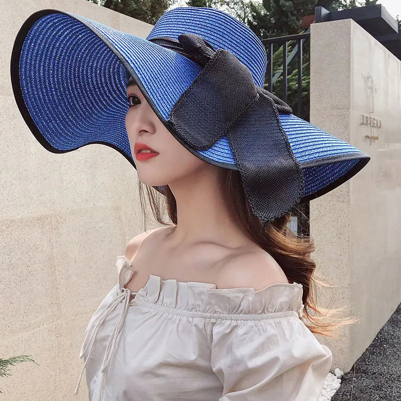 Chapeau de paille d'été femme style coréen avec large bord, pliable et anti-UV

