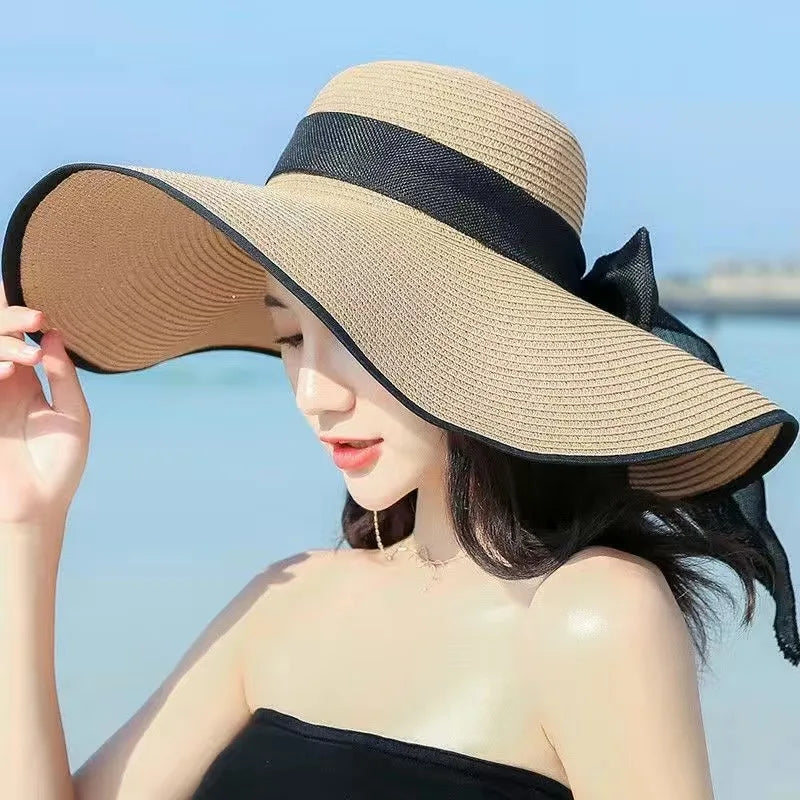 Chapeau de paille d'été femme style coréen avec large bord, pliable et anti-UV


